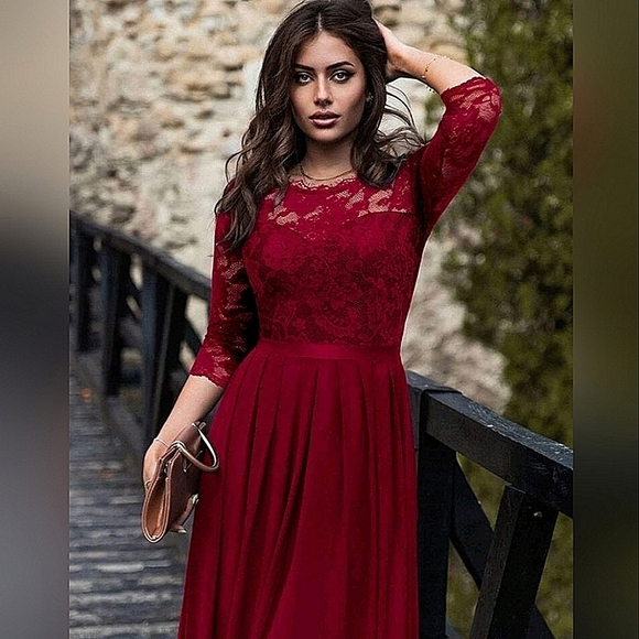 New Chic Lace Top Pleated Maxi Dress Gown Burgundy Red - Picture 7 of 12